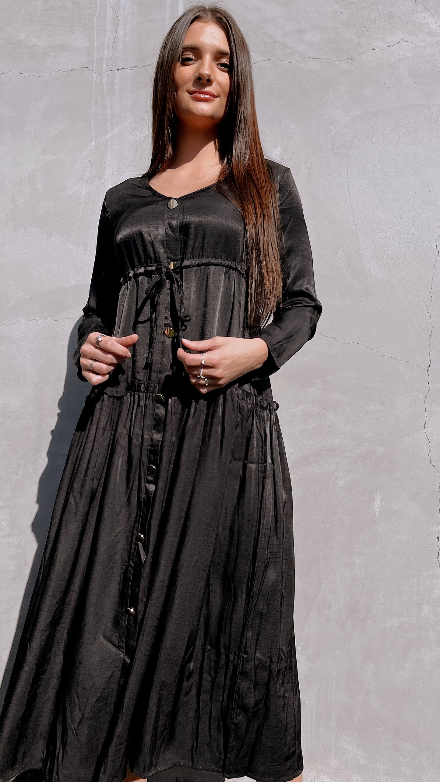 Black Long Sleeve Drawstring Dress