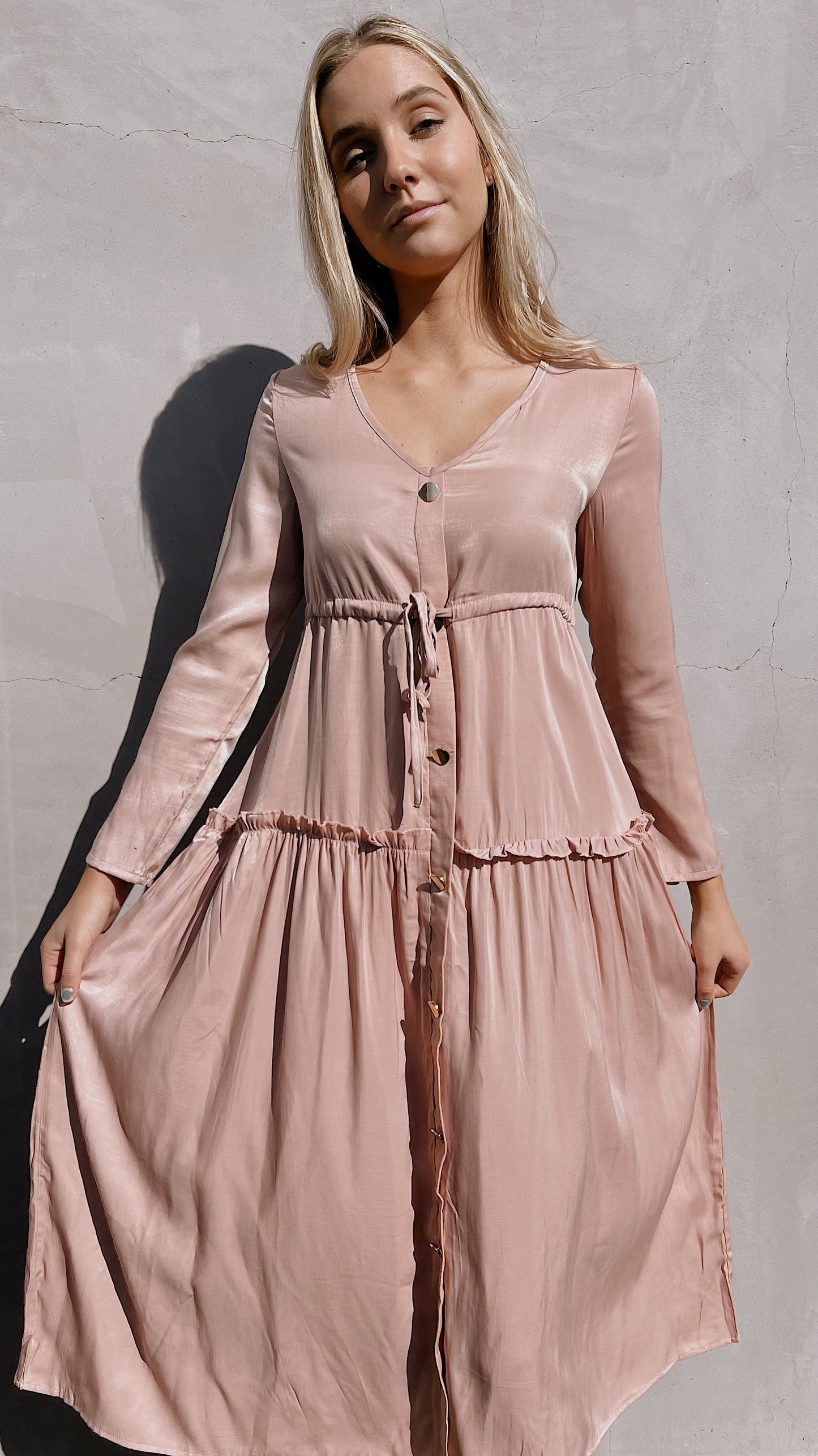 Pink Long Sleeve Drawstring Dress